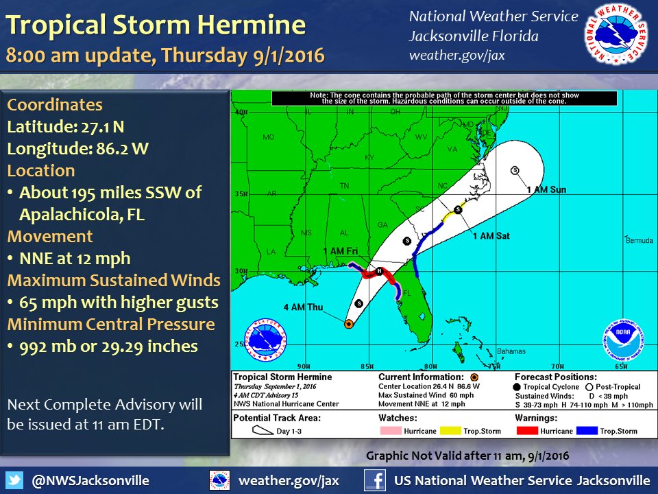 St. Johns County monitoring Hermine The National Weather Service projection for Tropical Storm Hermine.