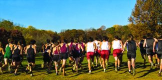 Group of high school cross-country runners seen from behind as they start a race across a grassy field with autumn trees in the background.
