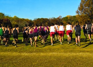 Group of high school cross-country runners seen from behind as they start a race across a grassy field with autumn trees in the background.