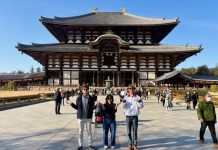 Jacob Kovalcik, Juliana Durr and Trey Bunn, from left, at a temple. Submitted photo