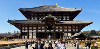 Jacob Kovalcik, Juliana Durr and Trey Bunn, from left, at a temple. Submitted photo