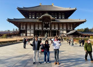 Jacob Kovalcik, Juliana Durr and Trey Bunn, from left, at a temple. Submitted photo
