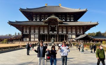 Jacob Kovalcik, Juliana Durr and Trey Bunn, from left, at a temple. Submitted photo