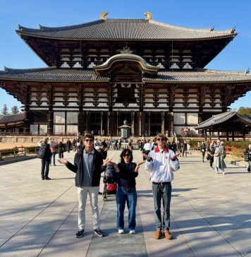 Jacob Kovalcik, Juliana Durr and Trey Bunn, from left, at a temple. Submitted photo