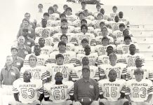 Head Coach Joel Stockstill, front and center, with the 1985 Pirates at Buccaneer Field. Also pictured are assistant coaches Larry Phillips, Ken Roland, Jim Stearn, Leonard Peterson, Bob Howard and Larry Beggs, from bottom to top. Submitted photo