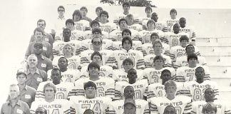 Head Coach Joel Stockstill, front and center, with the 1985 Pirates at Buccaneer Field. Also pictured are assistant coaches Larry Phillips, Ken Roland, Jim Stearn, Leonard Peterson, Bob Howard and Larry Beggs, from bottom to top. Submitted photo