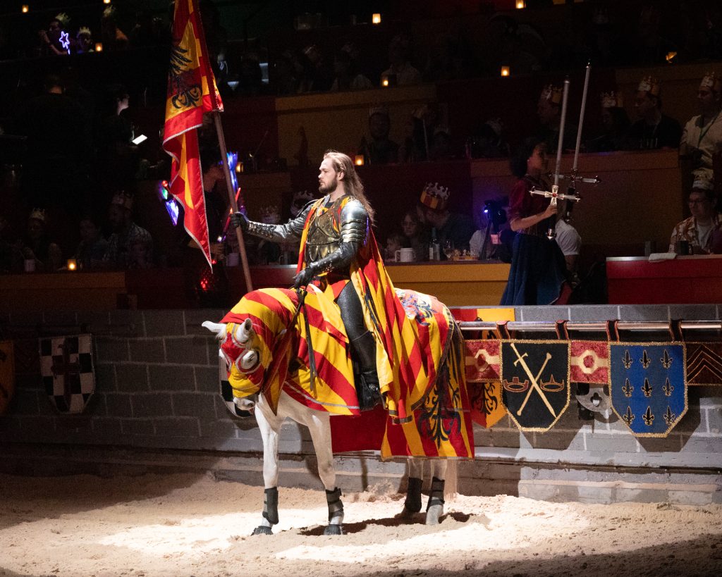 Knights on horseback clash in spirited competition at the Medieval Times Dinner and Tournament. Photo courtesy of Debi Lander.