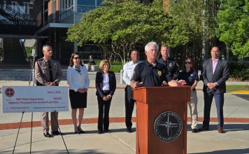 University of North Florida Police Department officials gather May 5 as the Firehouse Subs Public Safety Foundation presents an $18,509 grant for lifesaving emergency response equipment. Photo courtesy Firehouse Subs Public Safety Foundation