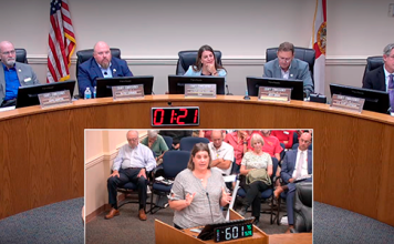 Agnes Lyden of Fernandina Beach addresses the Nassau County Board of County Commissioners on Sept. 28, speaking out against reduced library services and emphasizing their importance in bridging the digital divide for families. Photo courtesy Nassau County Board of County Commissioners