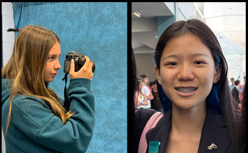Left to right, Landrum Middle School photographer Alexia Heflin prepares for a photo shoot; Editor-in-Chief Sasha Qu Yan of Landrum Middle School's yearbook staff.